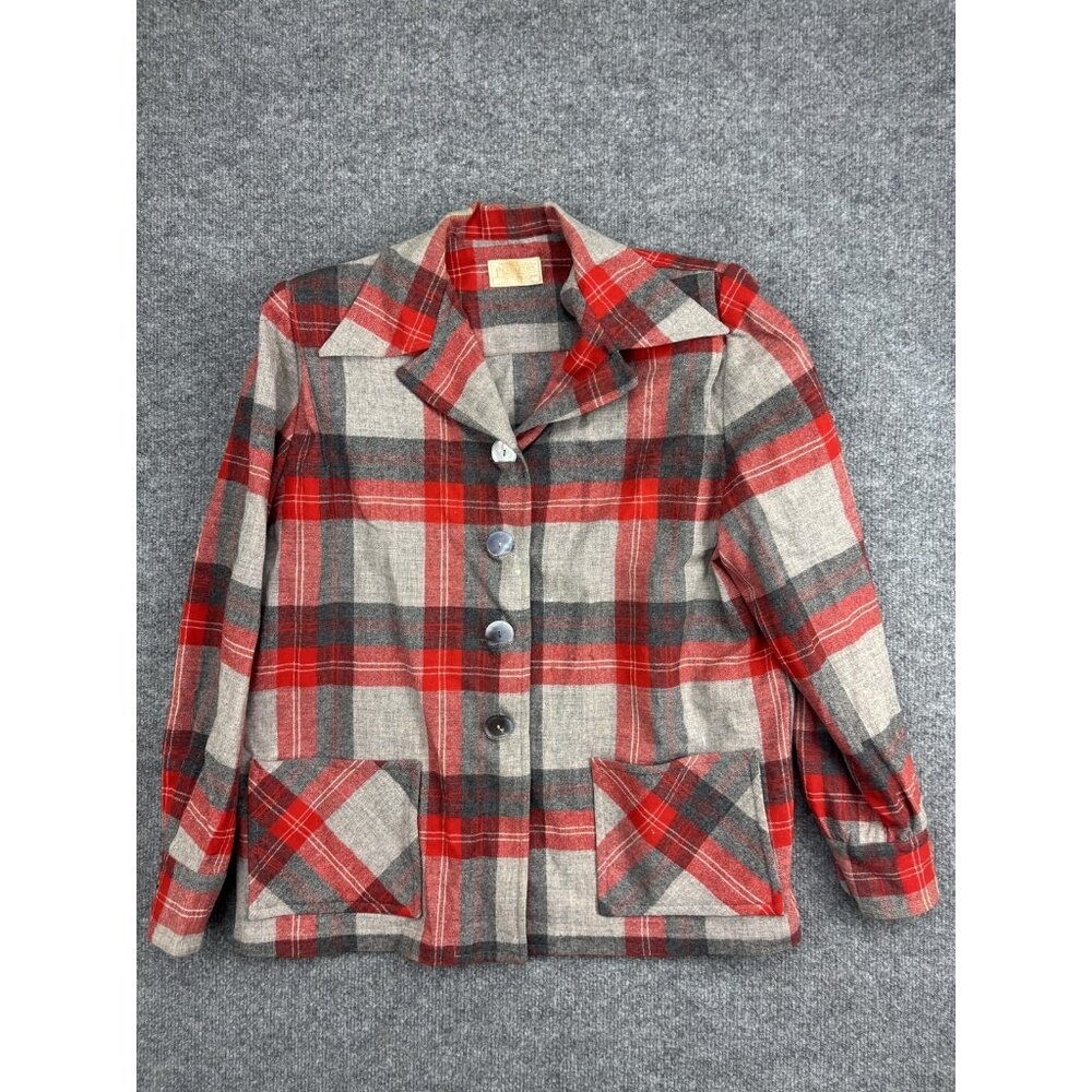 Vintage Pendleton Jacket Womens Large Red Plaid Wool Flannel Button Front Short